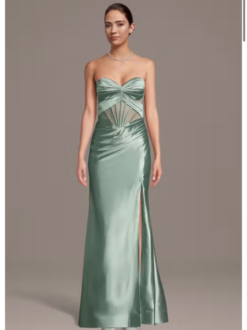NWT Strapless Satin Evening Gown in Mint Green with Side Slit